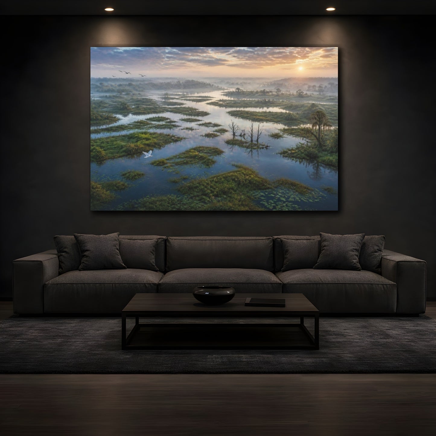 Mockup 3. Misty Wetland Sunrise shown as canvas print
