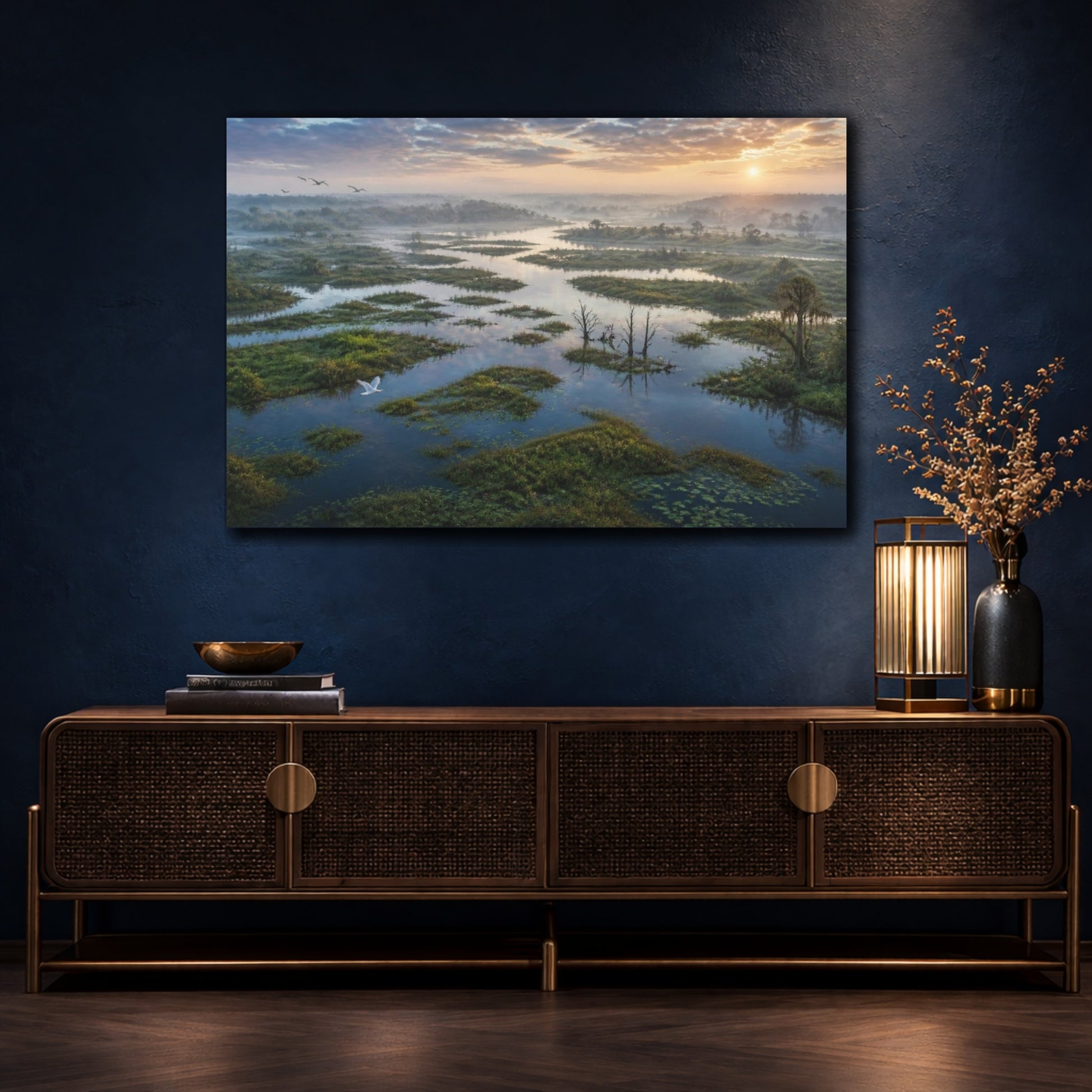 Mockup 4. Misty Wetland Sunrise shown as canvas print