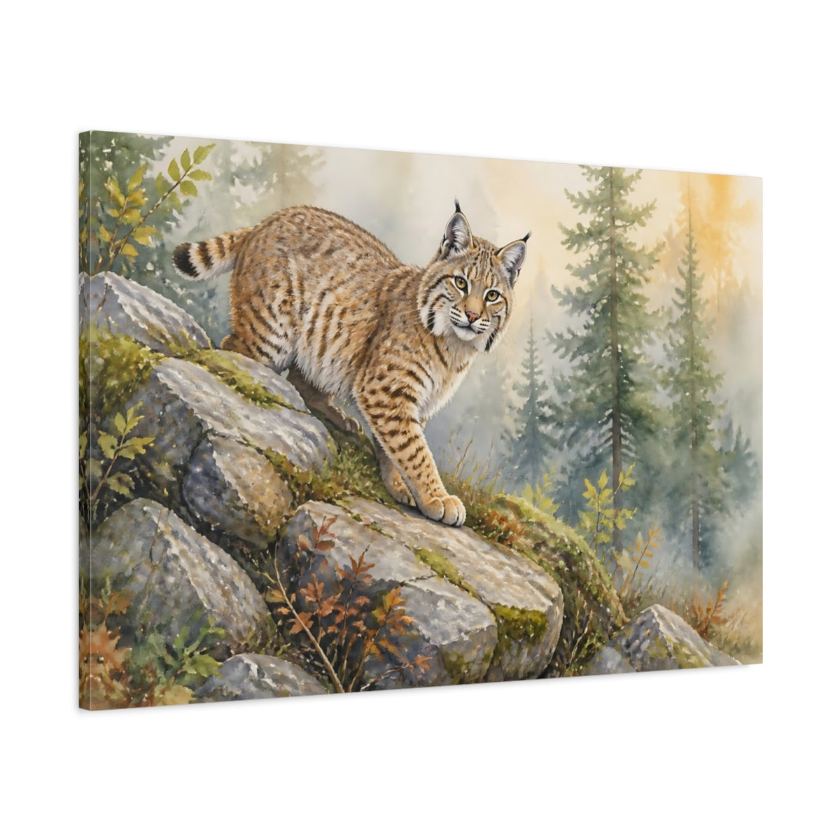 Main Mockup. Misty Woodland Bobcat Animals shown as canvas print