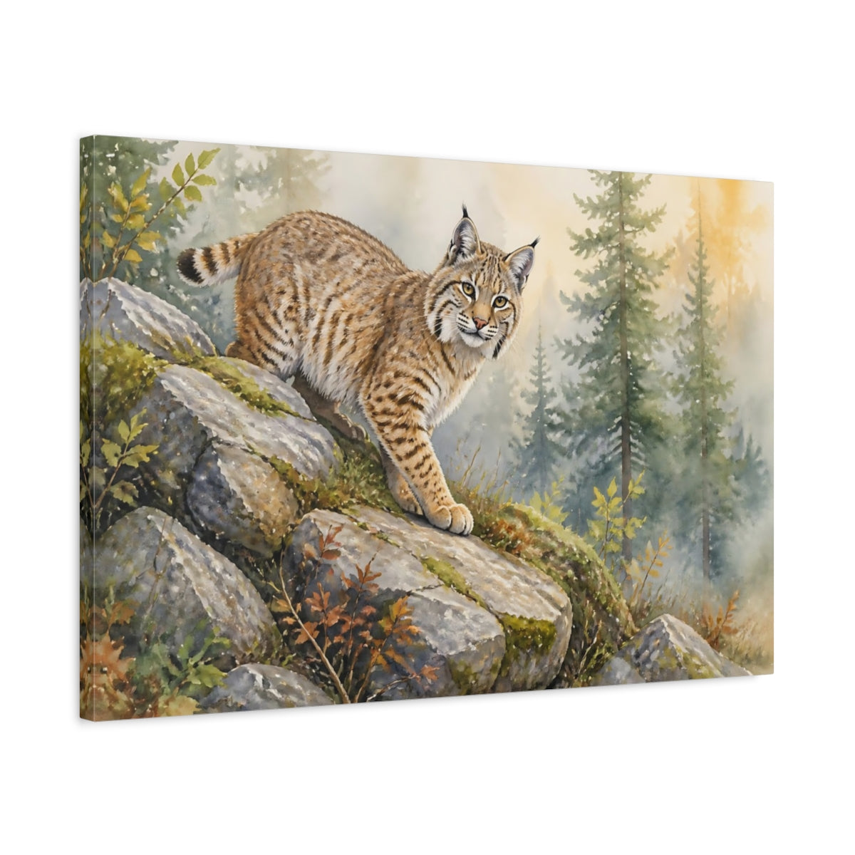 Side Mockup 2. Misty Woodland Bobcat Animals shown as canvas print