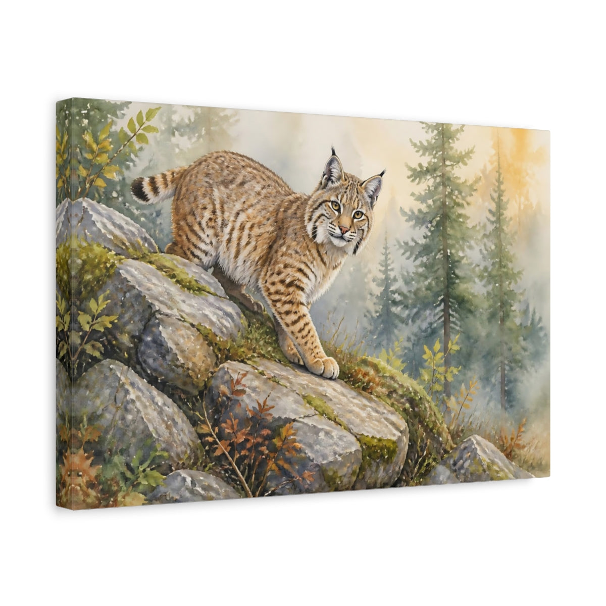 Side Mockup 4. Misty Woodland Bobcat Animals shown as canvas print