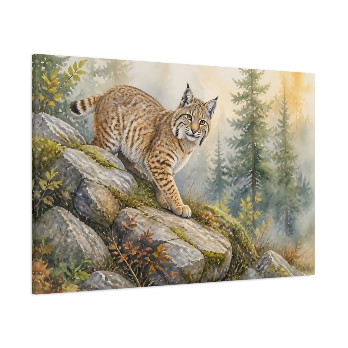 Side Mockup 1. Misty Woodland Bobcat Animals shown as canvas print