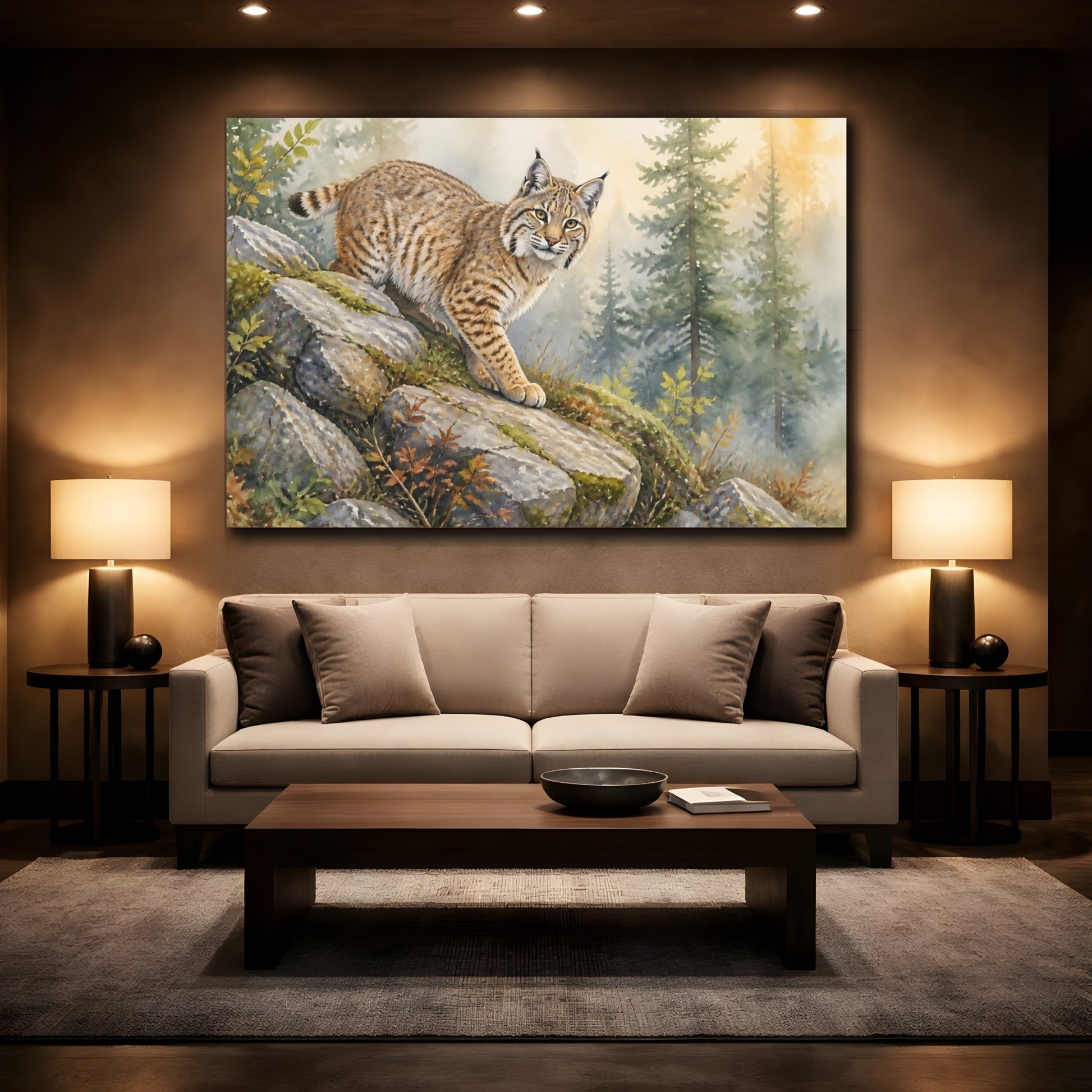 Mockup 2. Misty Woodland Bobcat Animals shown as canvas print