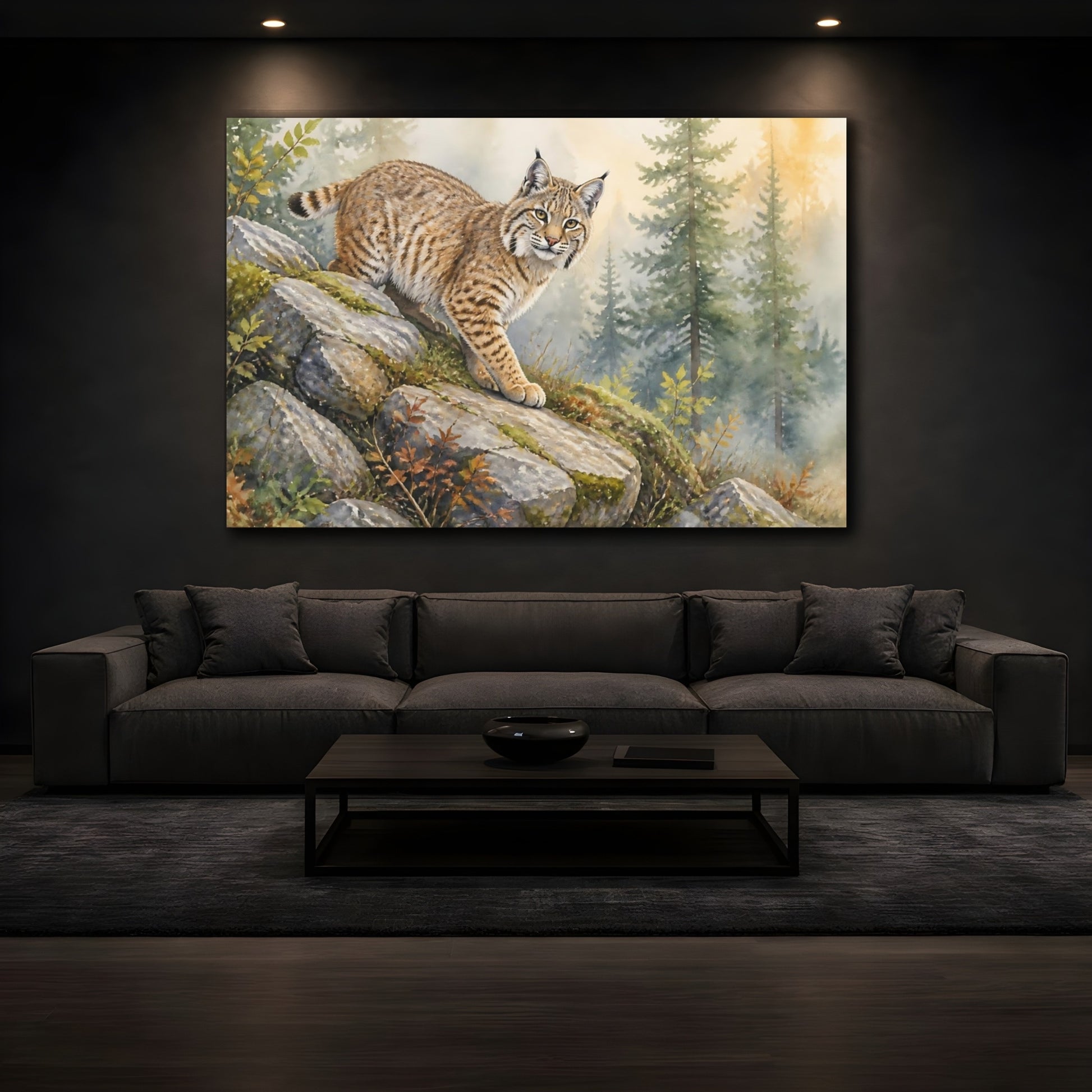 Mockup 3. Misty Woodland Bobcat Animals shown as canvas print