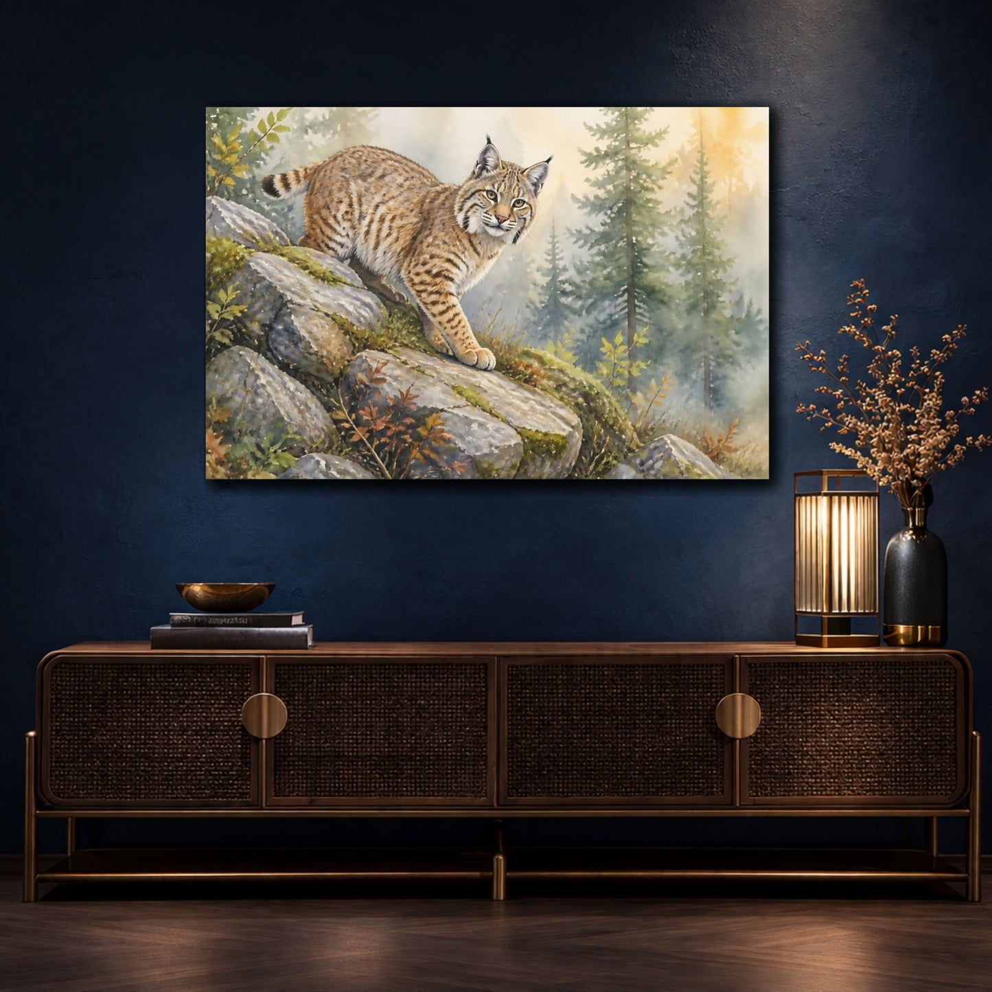 Mockup 4. Misty Woodland Bobcat Animals shown as canvas print