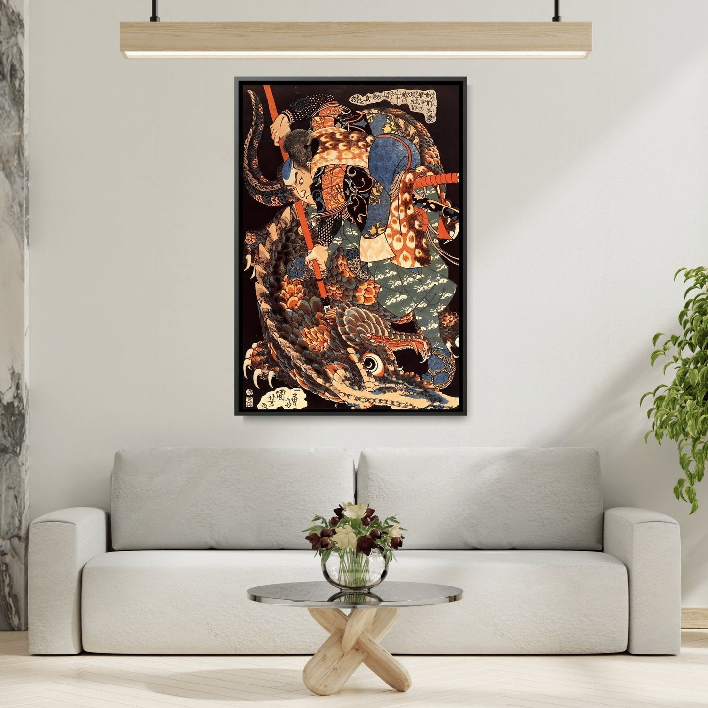 Miyamoto Musashi Killing A Giant Nue - Framed Canvas Print