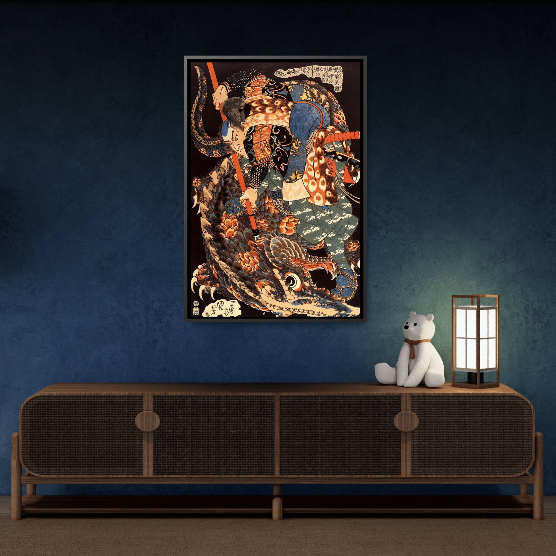 Miyamoto Musashi Killing A Giant Nue - Framed Canvas Print