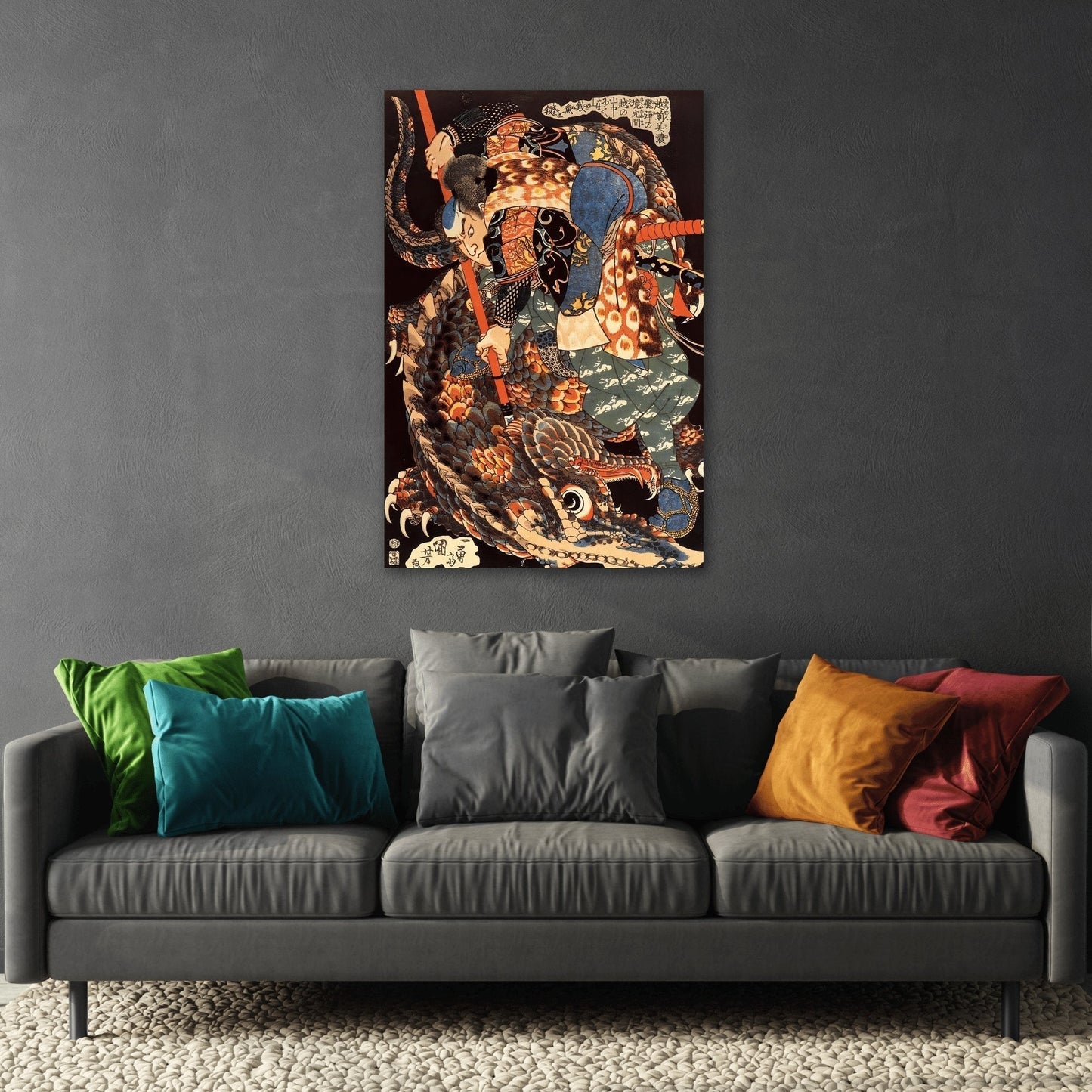 Miyamoto Musashi Killing Giant Nue - Framed Canvas Wall Art Print