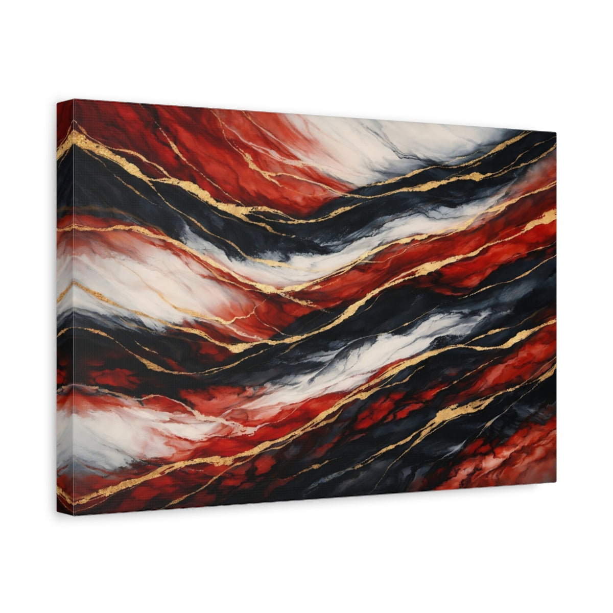 Side Mockup 4. Abstract Fluid Abstract Red Black Gold shown as stretched canvas wall art