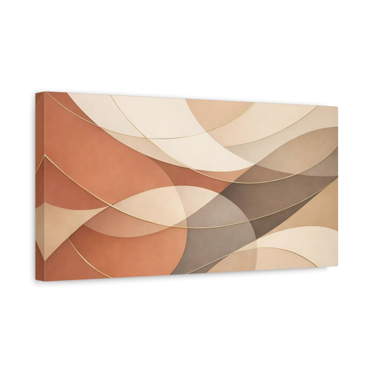 Side Mockup 3. Abstract Curved Shapes Brown Gold Abstract shown as stretched canvas wall art