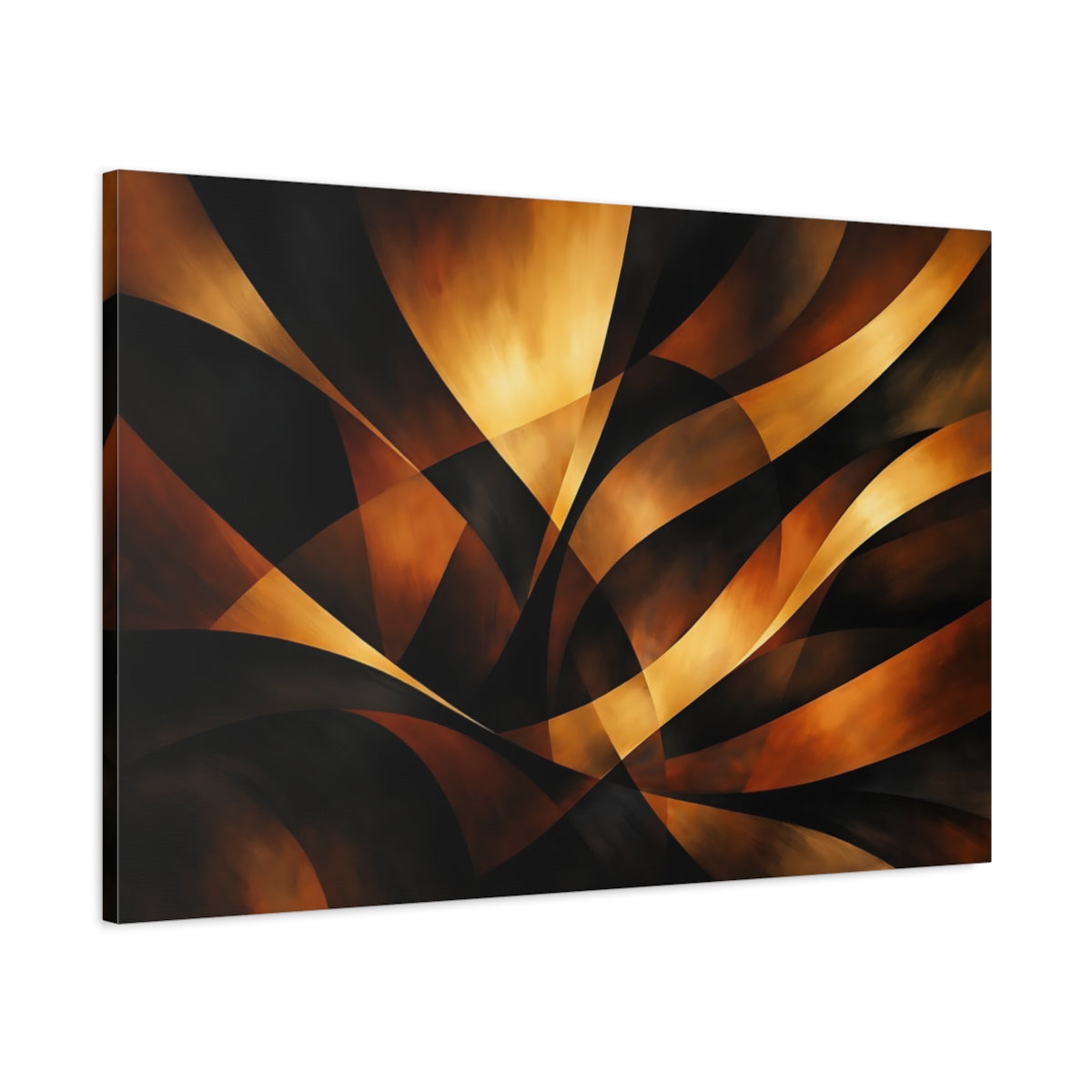 Side Mockup 1. Abstract Abstract Curves Gold And Black shown as stretched canvas wall art