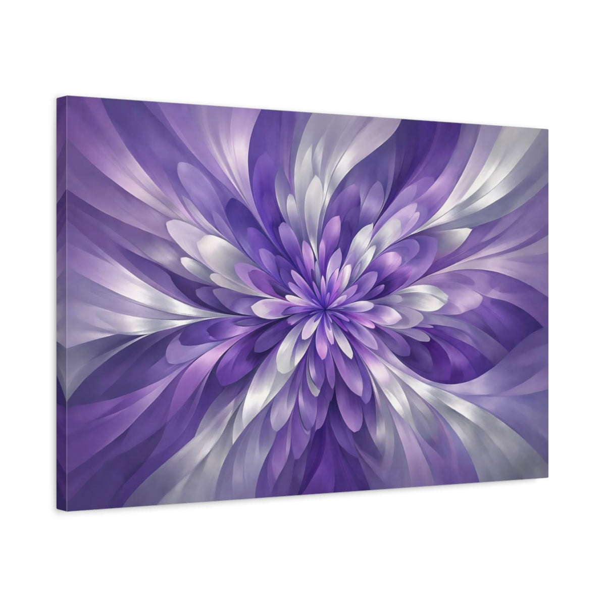 Side Mockup 2. Floral Floral Bloom Purple And Silver shown as stretched canvas wall art