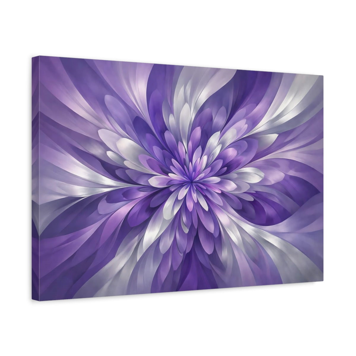 Side Mockup 3. Floral Floral Bloom Purple And Silver shown as stretched canvas wall art