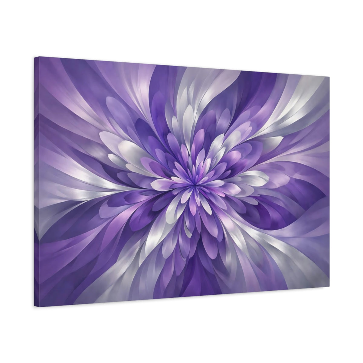 Side Mockup 1. Floral Floral Bloom Purple And Silver shown as stretched canvas wall art