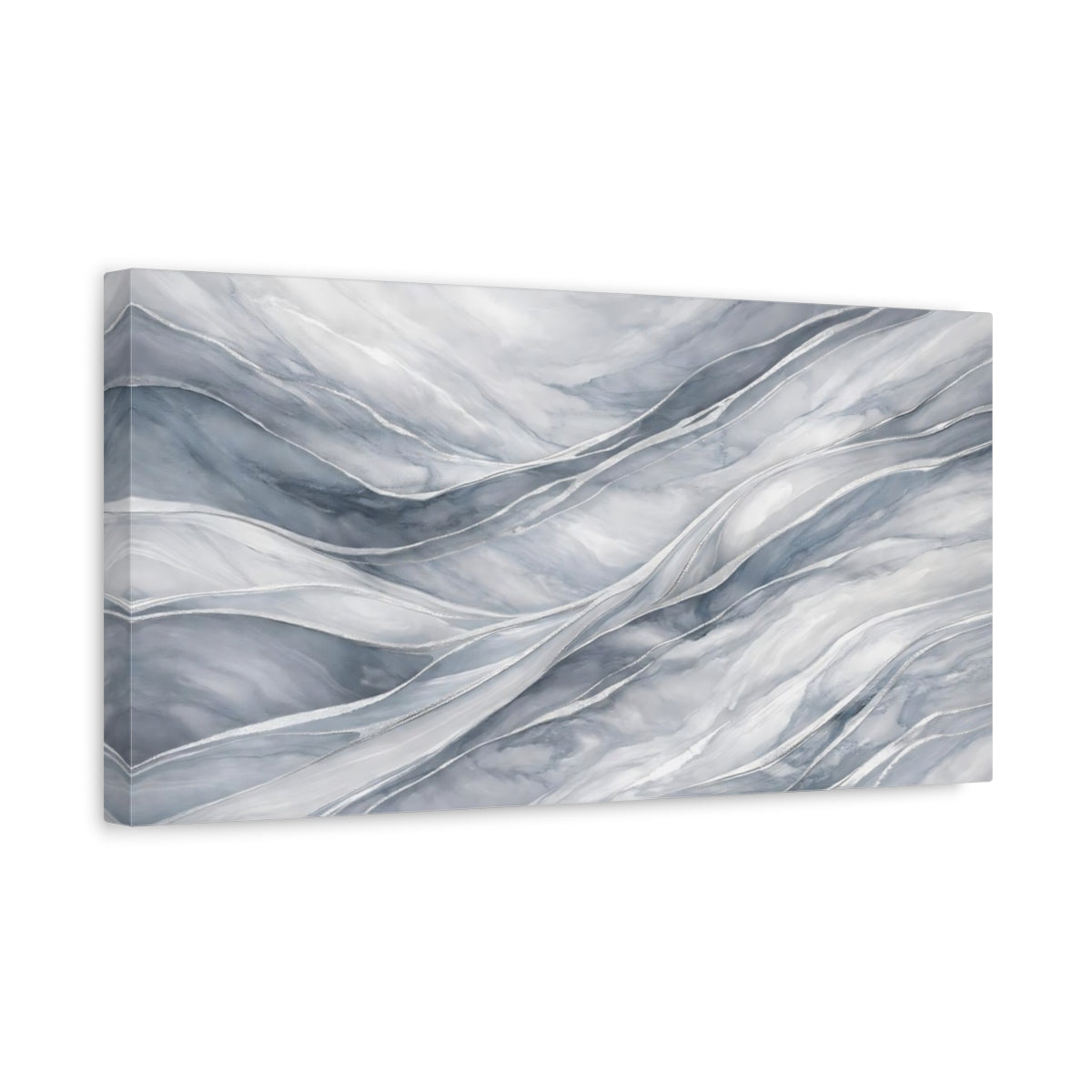 Side Mockup 3. Abstract Abstract Flow Grey And Silver shown as stretched canvas wall art