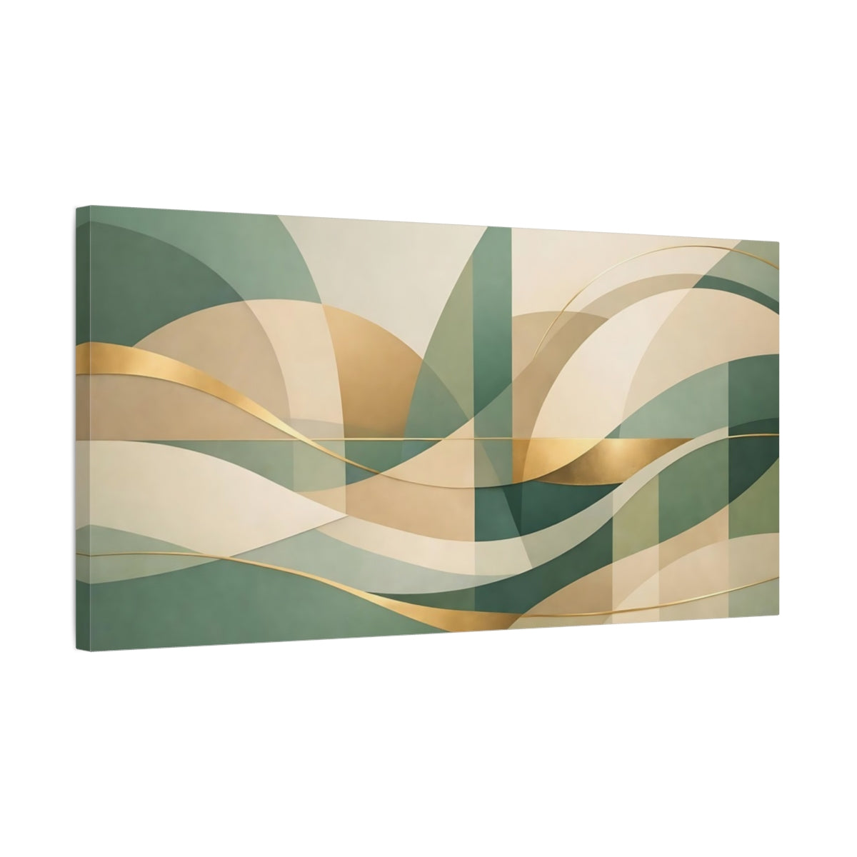 Side Mockup 2. Abstract Flowing Shapes Green Gold Abstract shown as stretched canvas wall art
