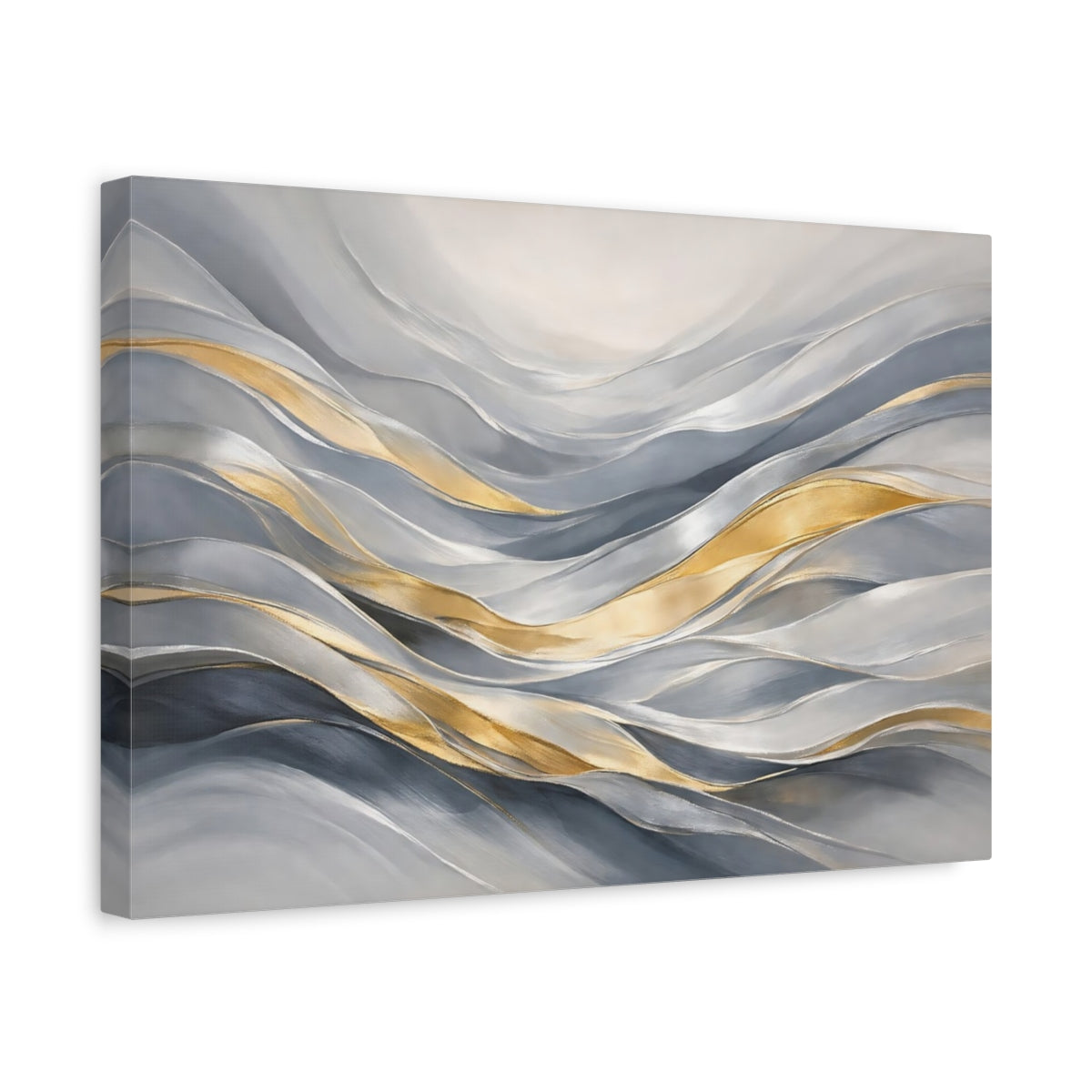 Side Mockup 4. Abstract Flowing Waves Gray Gold Waves shown as stretched canvas wall art