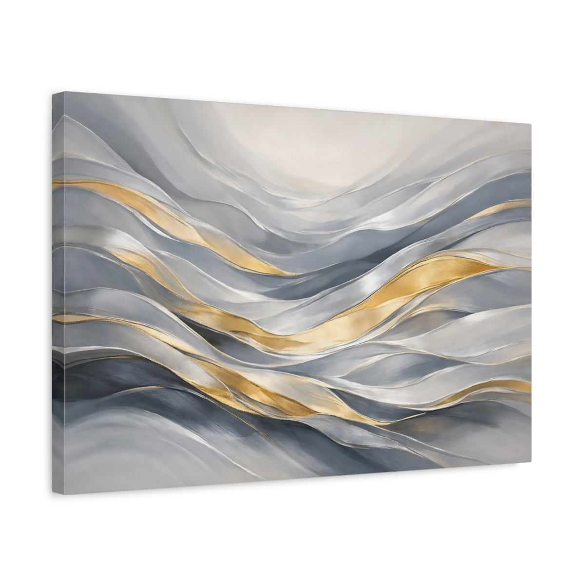 Side Mockup 3. Abstract Flowing Waves Gray Gold Waves shown as stretched canvas wall art