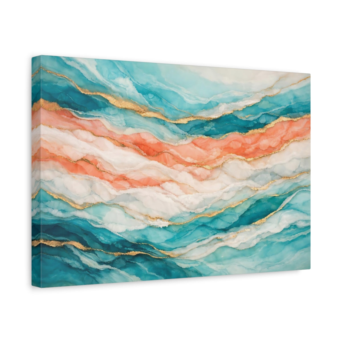 Side Mockup 4. Abstract Fluid Art Teal Peach Gold shown as stretched canvas wall art