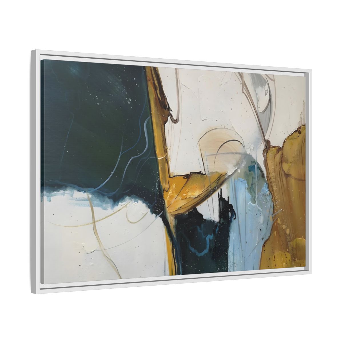 Side Mockup 8. Abstract Abstract Forms Abstract Green Gold shown as stretched canvas wall art