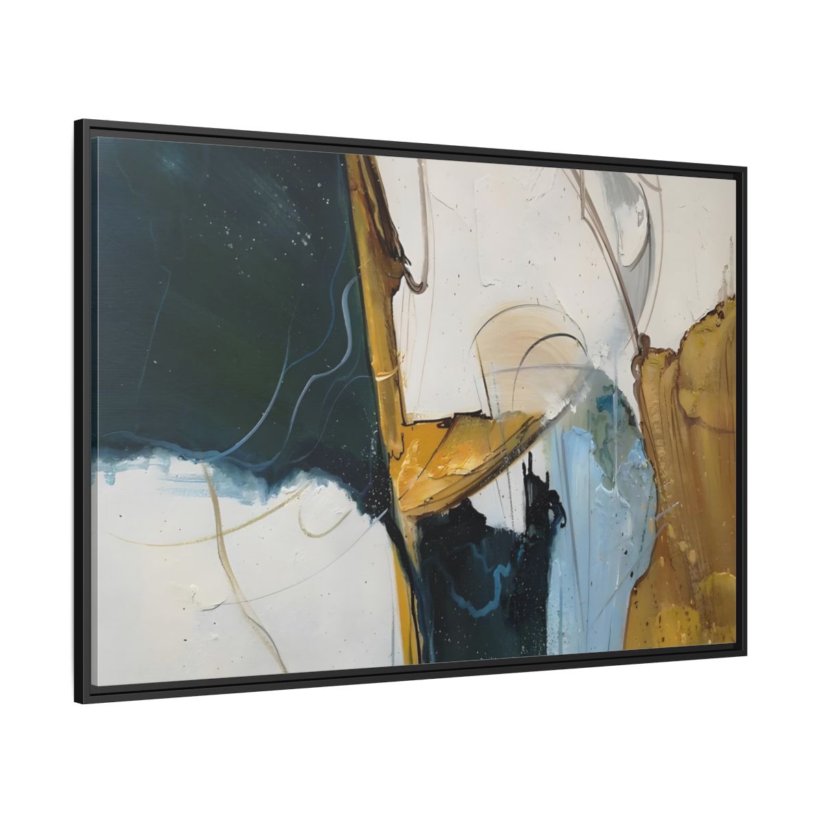 Side Mockup 12. Abstract Abstract Forms Abstract Green Gold shown as stretched canvas wall art