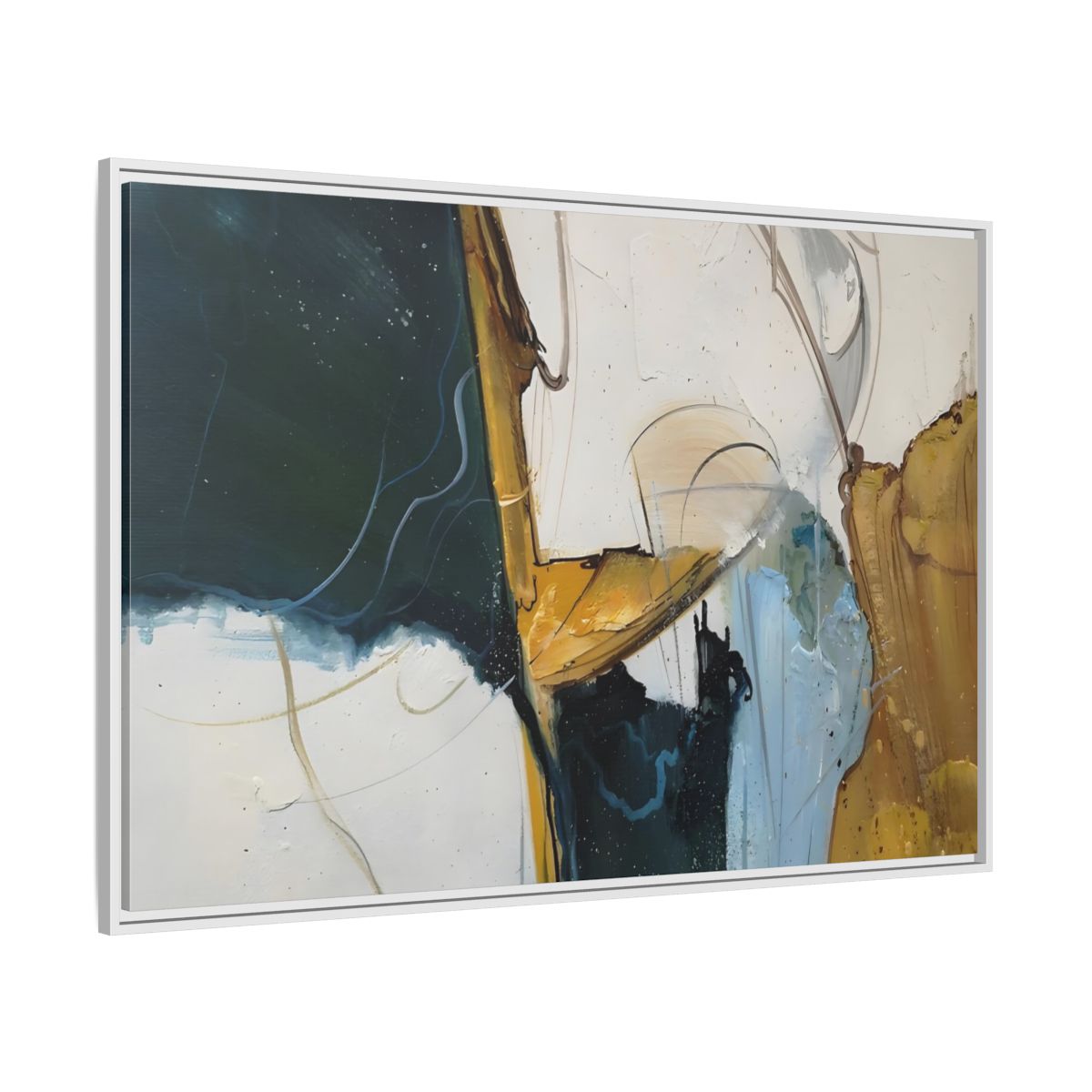 Side Mockup 7. Abstract Abstract Forms Abstract Green Gold shown as stretched canvas wall art