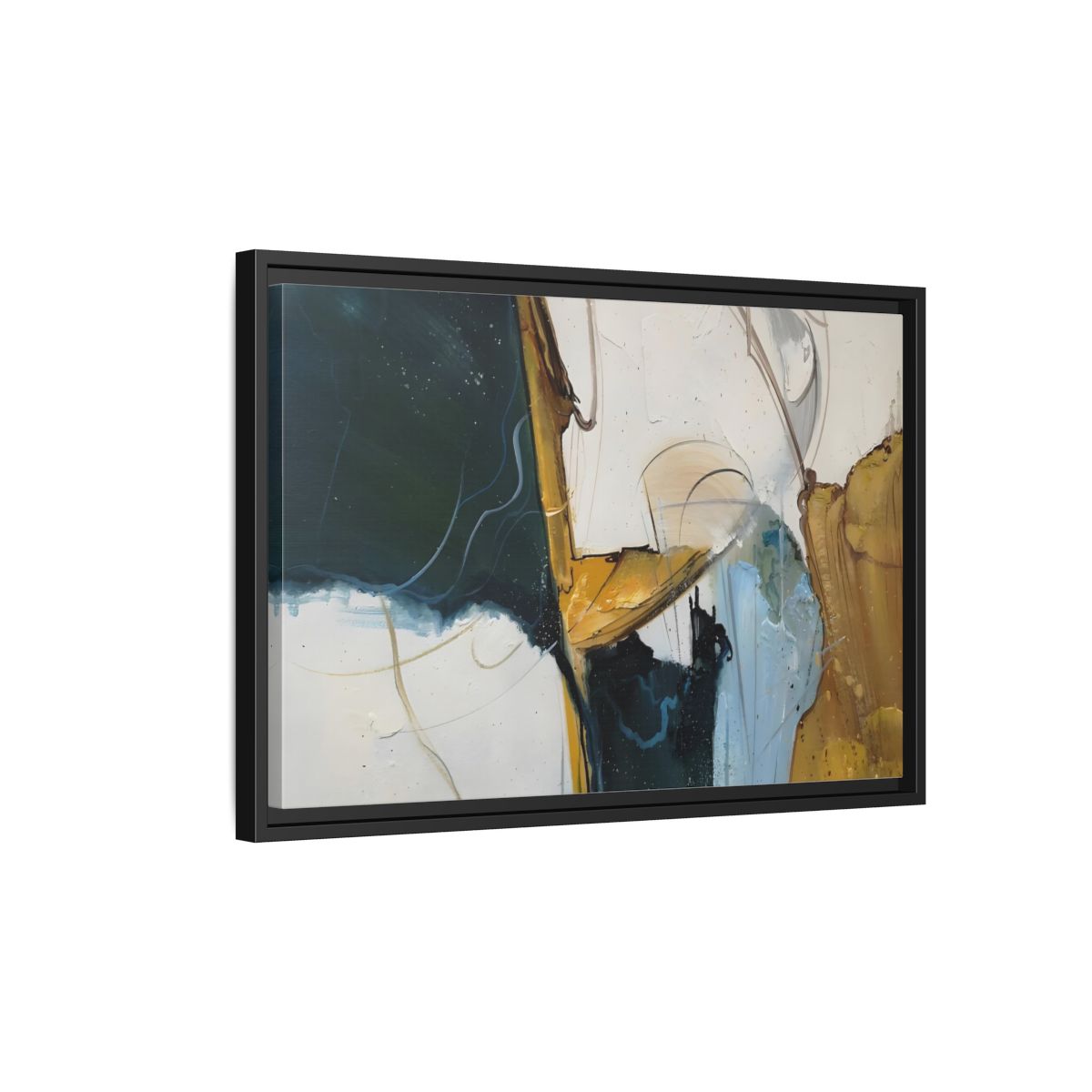 Side Mockup 3. Abstract Abstract Forms Abstract Green Gold shown as stretched canvas wall art