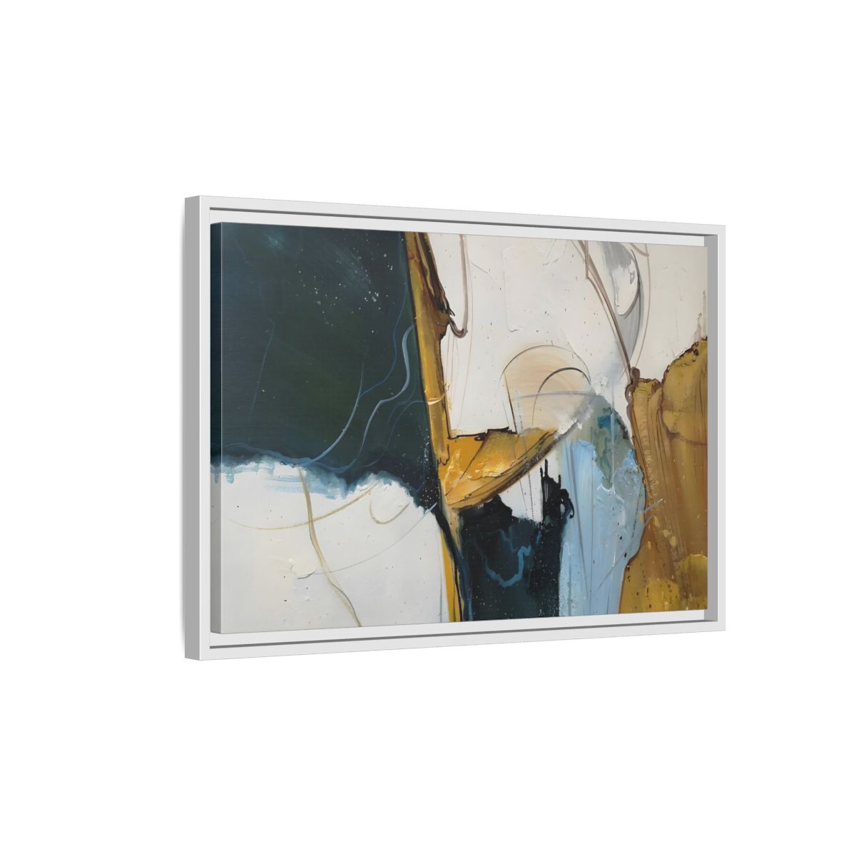 Side Mockup 1. Abstract Abstract Forms Abstract Green Gold shown as stretched canvas wall art