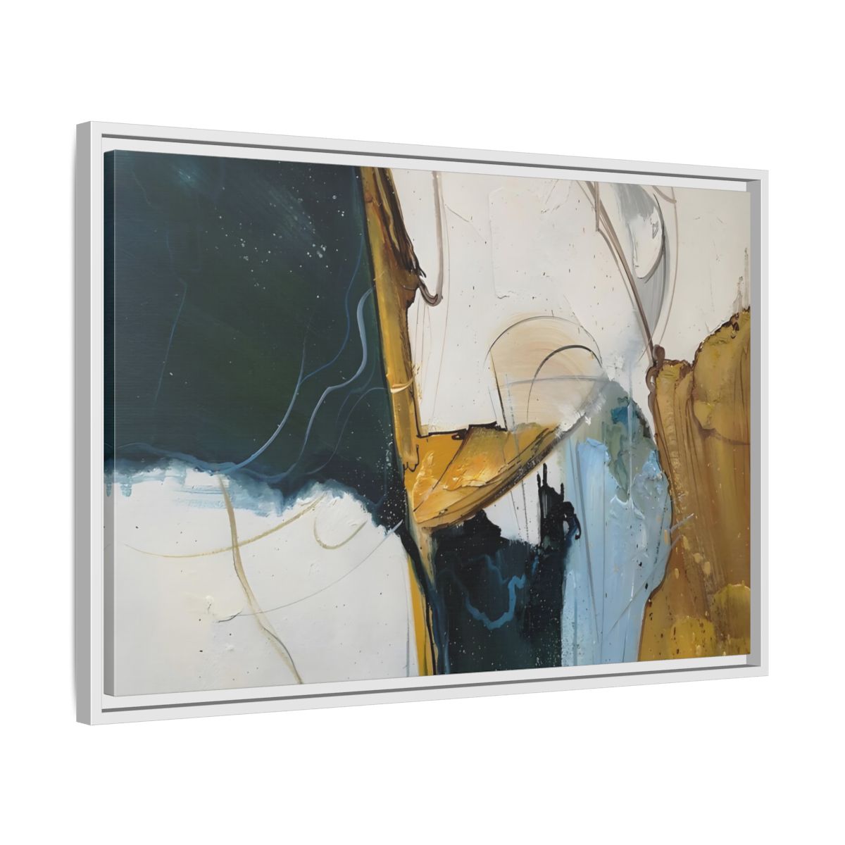 Side Mockup 10. Abstract Abstract Forms Abstract Green Gold shown as stretched canvas wall art