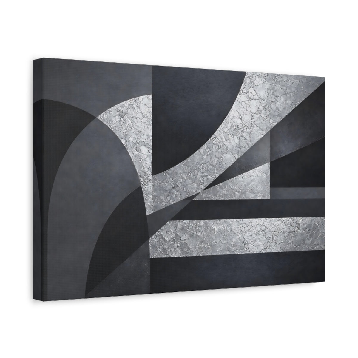 Side Mockup 4. Abstract Geometric Abstraction Silver And Gray Abstract shown as stretched canvas wall art