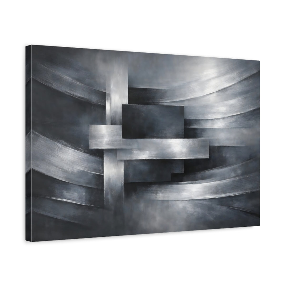 Side Mockup 3. Abstract Geometric Abstraction Silver And Grey shown as stretched canvas wall art
