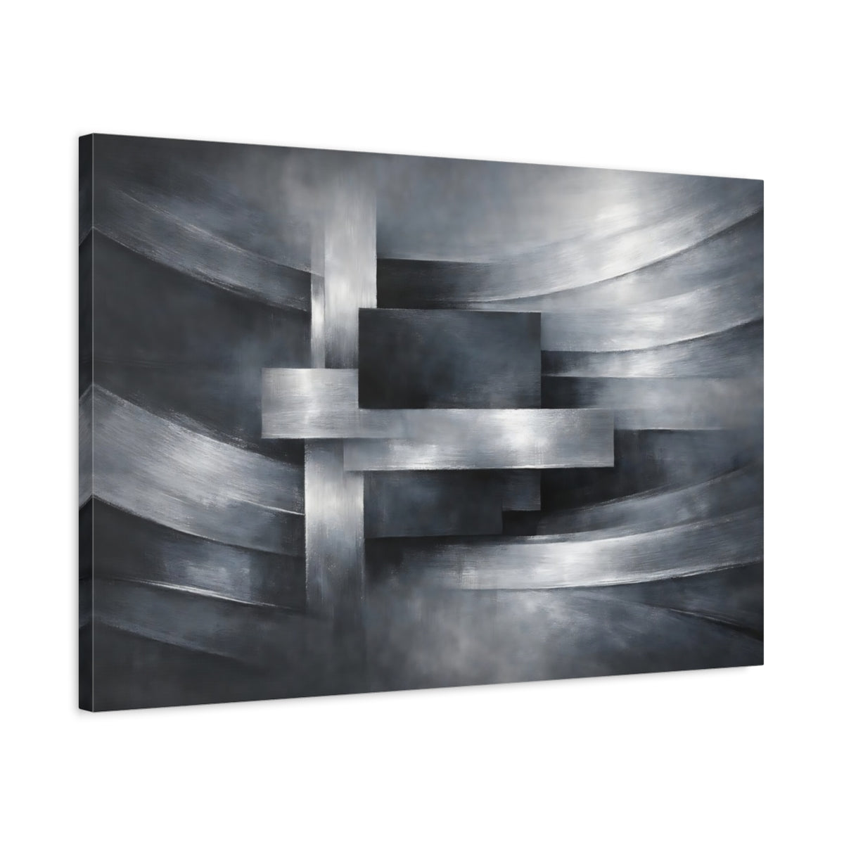 Side Mockup 2. Abstract Geometric Abstraction Silver And Grey shown as stretched canvas wall art