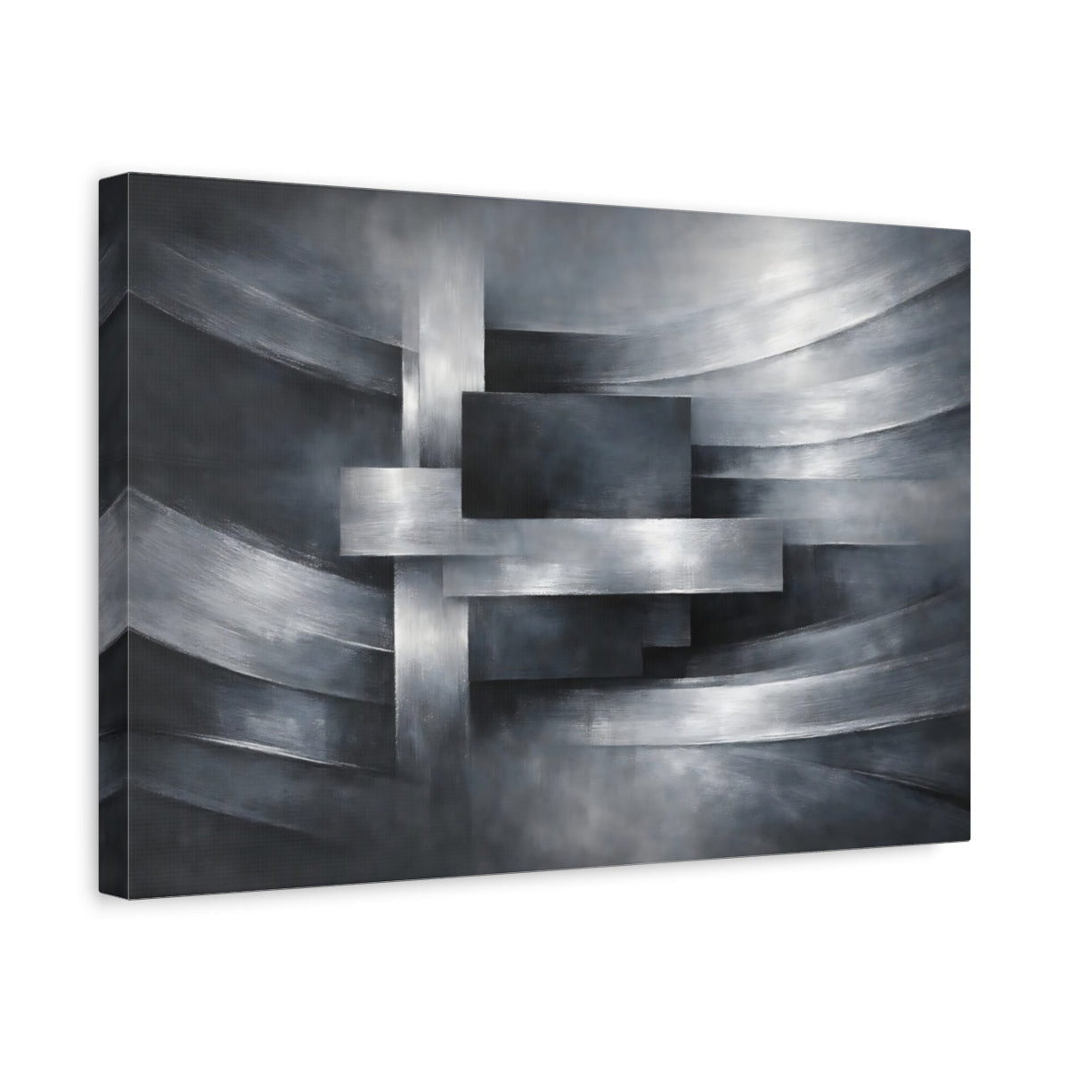 Side Mockup 4. Abstract Geometric Abstraction Silver And Grey shown as stretched canvas wall art