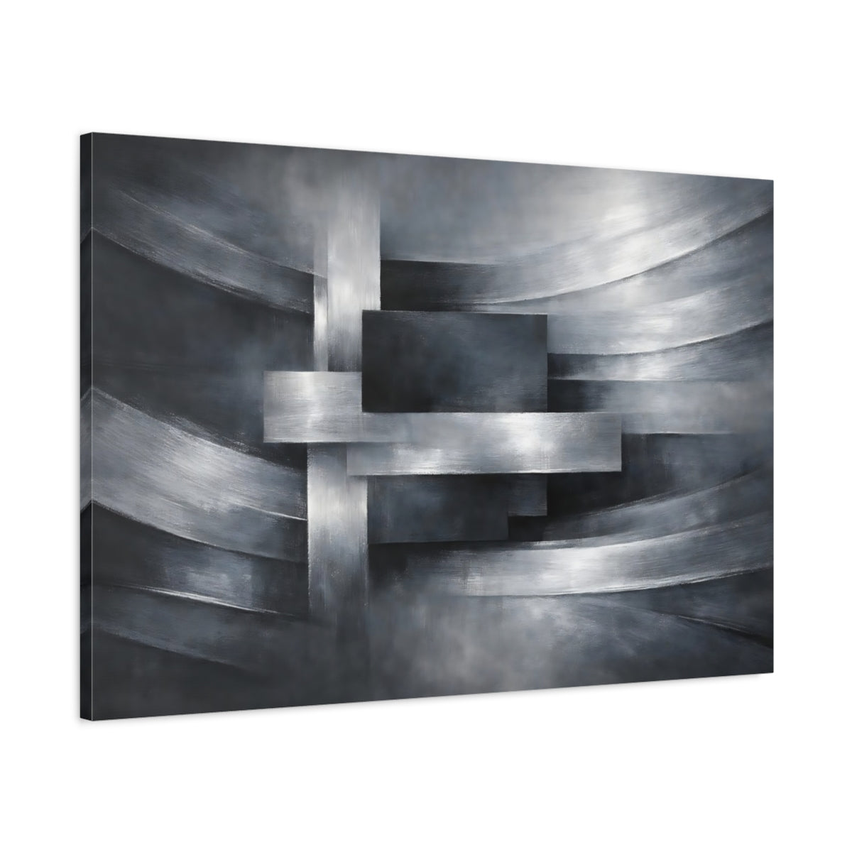 Side Mockup 1. Abstract Geometric Abstraction Silver And Grey shown as stretched canvas wall art