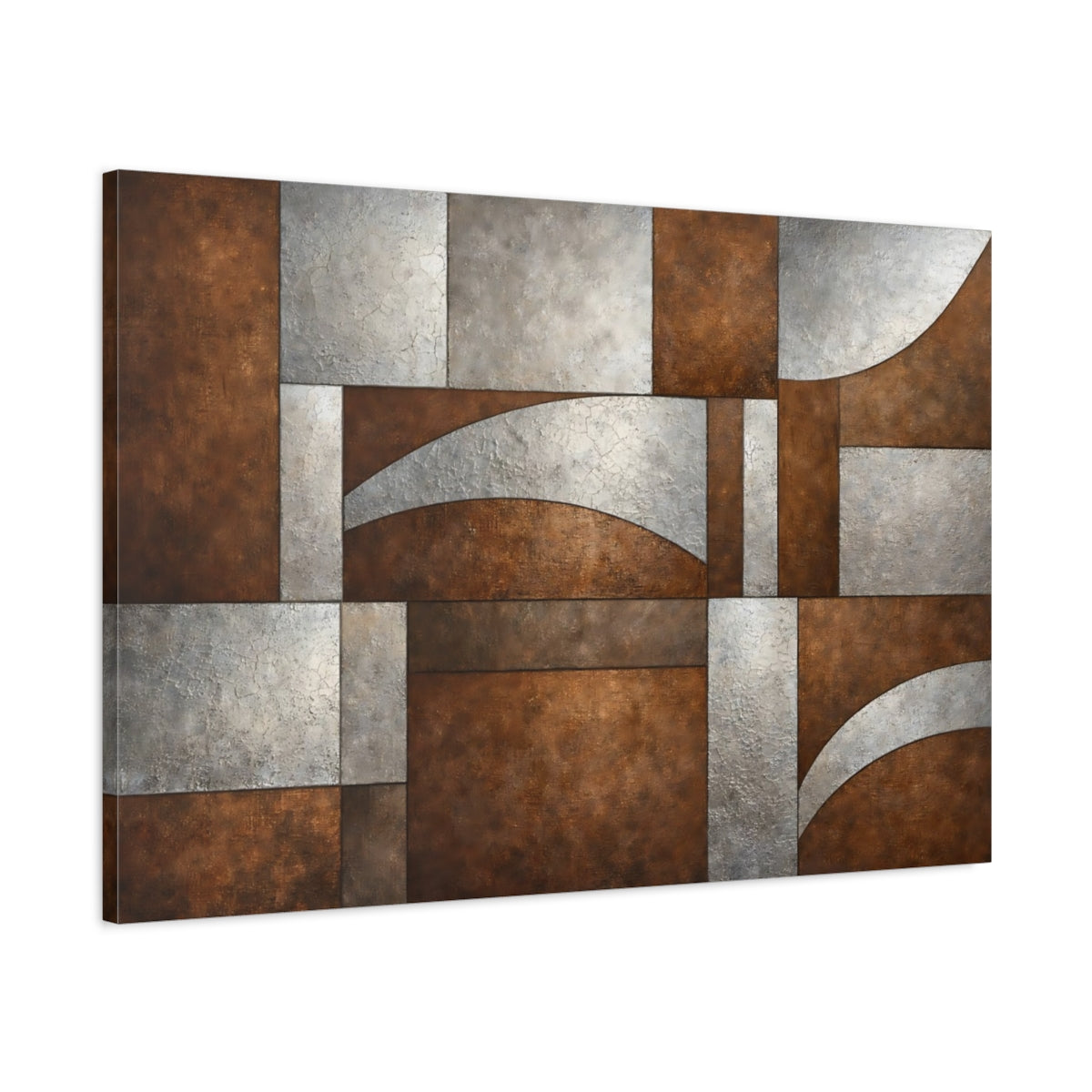 Side Mockup 1. Abstract Geometric Abstract Brown Silver Abstract shown as stretched canvas wall art