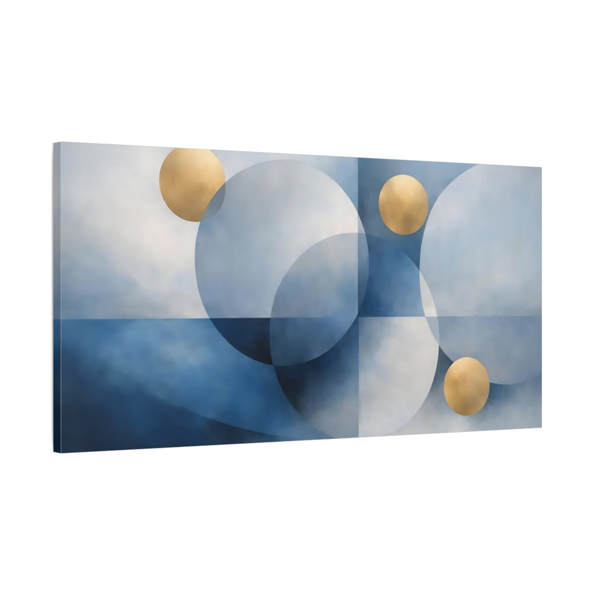 Side Mockup 1. Abstract Geometric Circles Blue And Gold shown as stretched canvas wall art