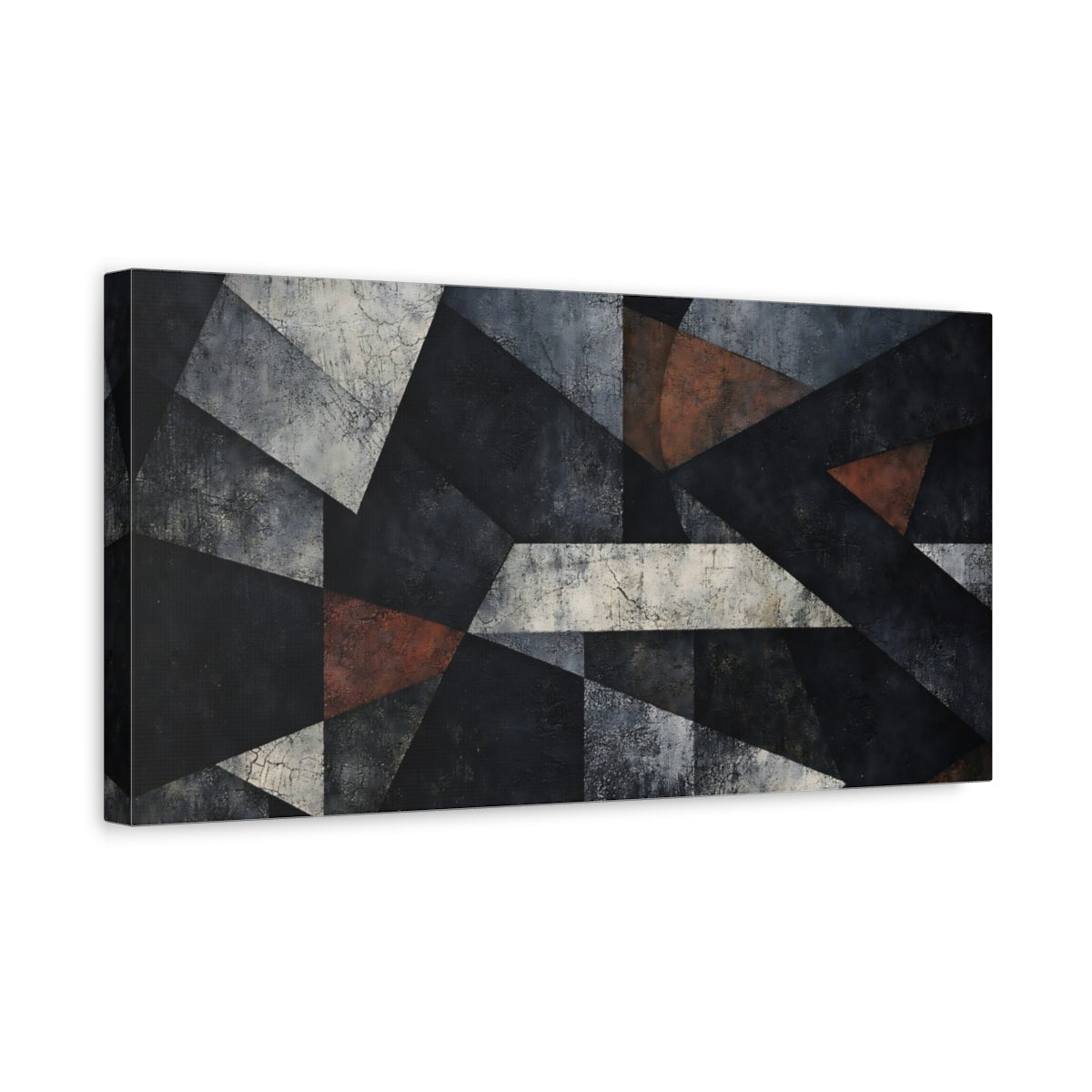 Side Mockup 3. Abstract Geometric Forms Black Grey Abstract shown as stretched canvas wall art