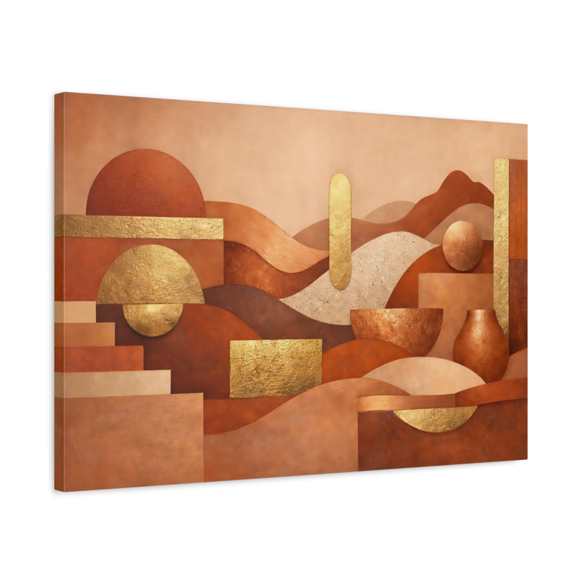 Side Mockup 2. Abstract Geometric Forms Terracotta Gold Abstract shown as stretched canvas wall art