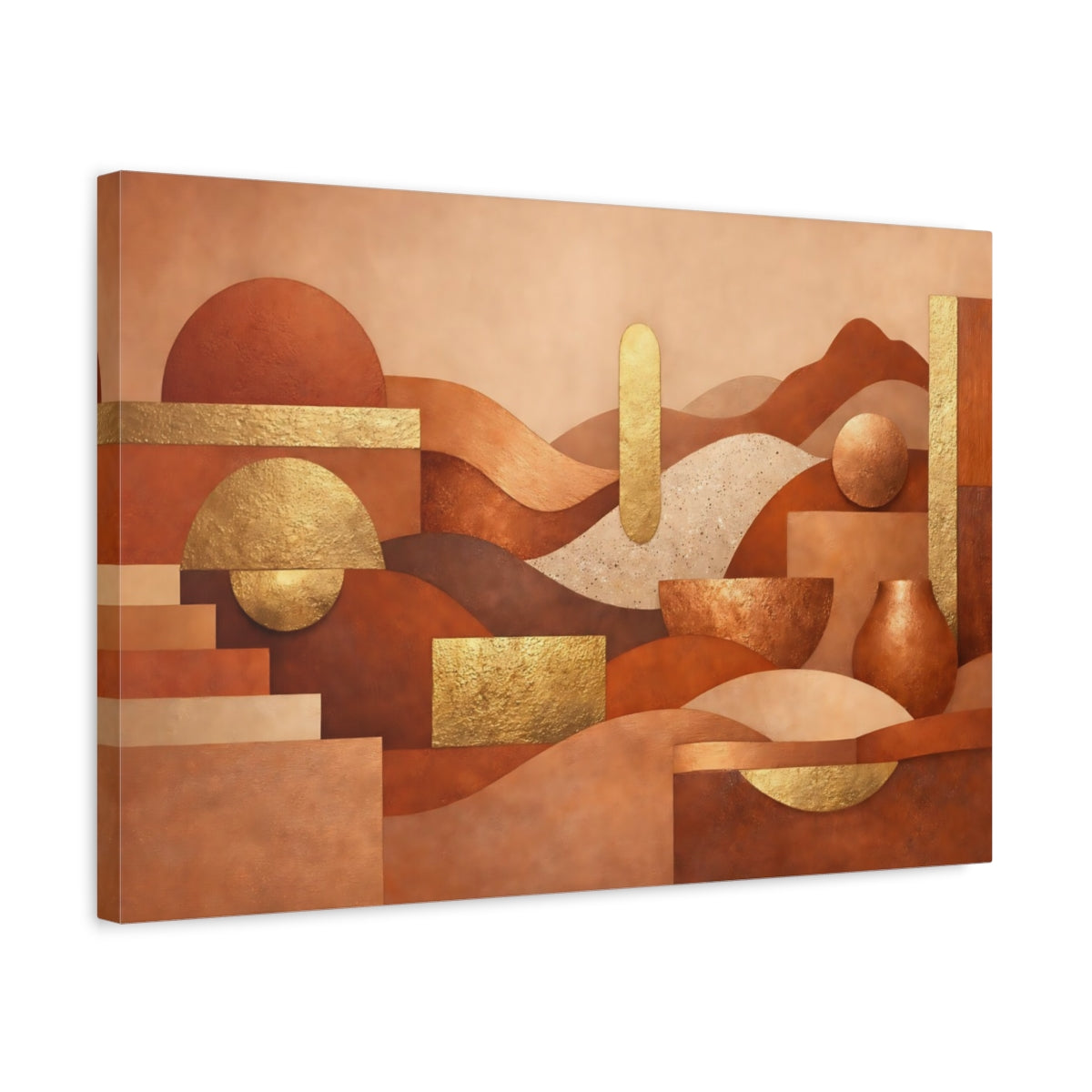 Side Mockup 3. Abstract Geometric Forms Terracotta Gold Abstract shown as stretched canvas wall art