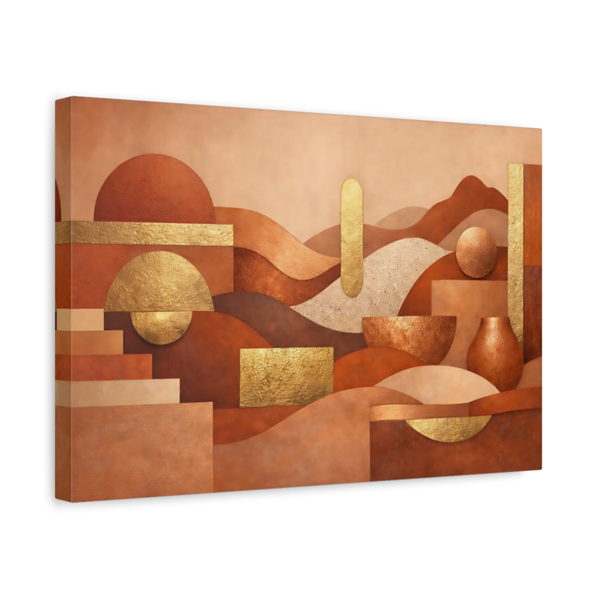 Side Mockup 4. Abstract Geometric Forms Terracotta Gold Abstract shown as stretched canvas wall art