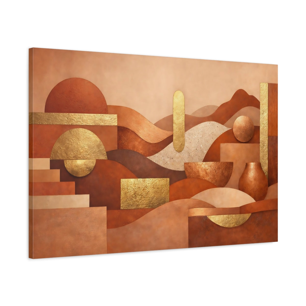 Side Mockup 1. Abstract Geometric Forms Terracotta Gold Abstract shown as stretched canvas wall art