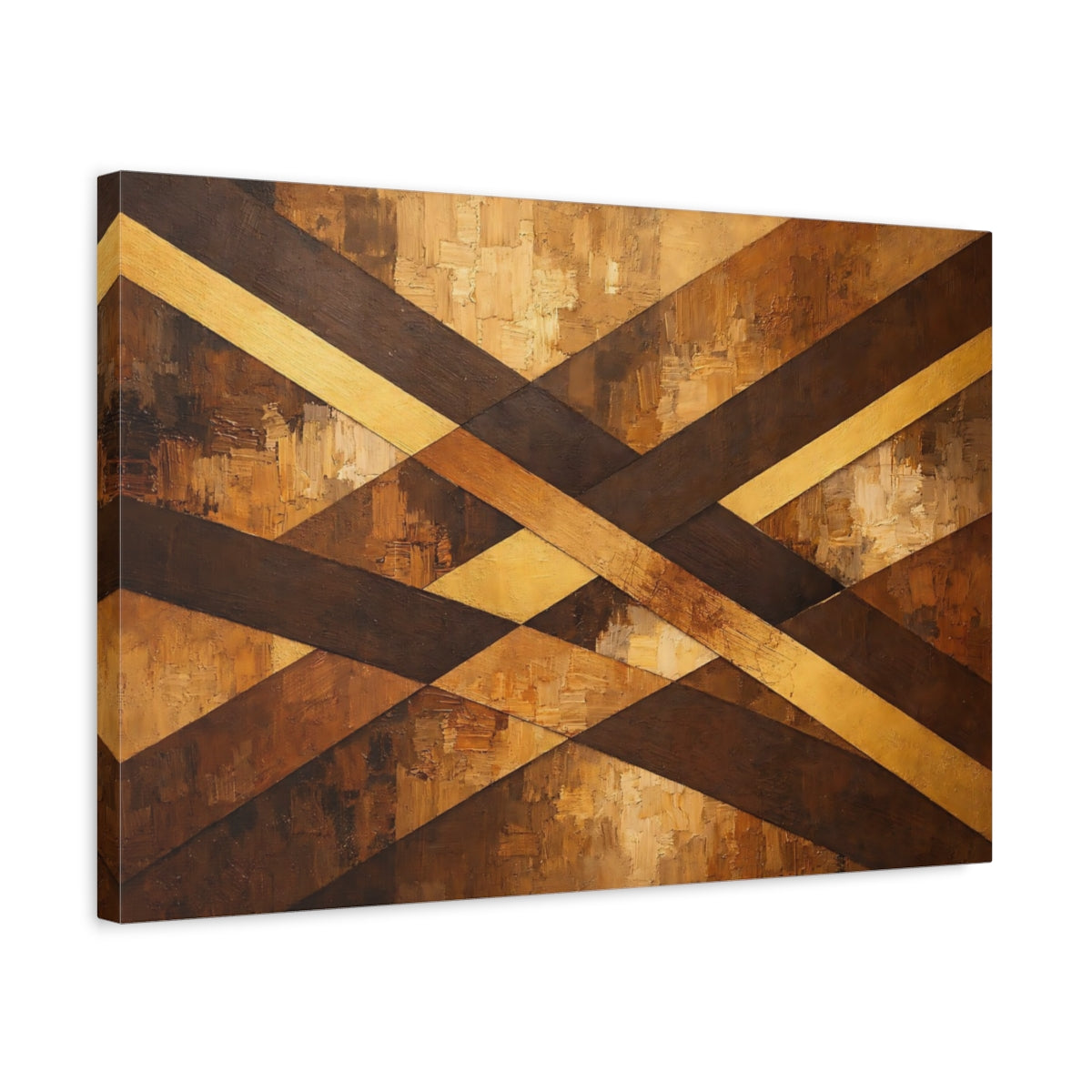 Side Mockup 3. Abstract Geometric Pattern Brown Gold Geometric shown as stretched canvas wall art
