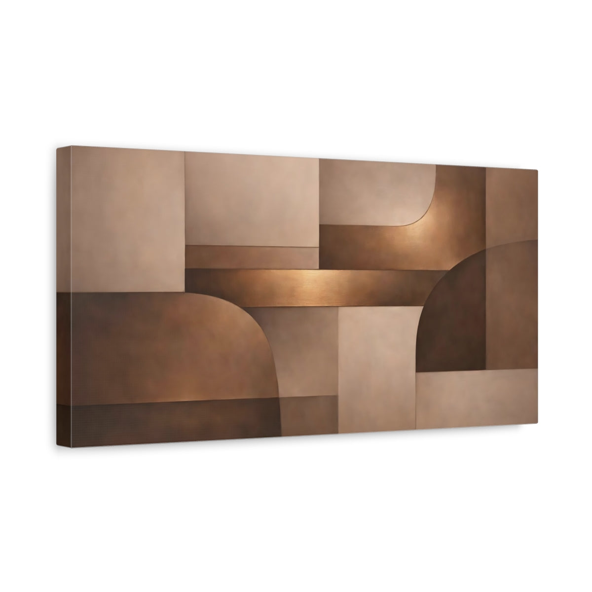 Side Mockup 3. Abstract Geometric Shapes Brown And Gold shown as stretched canvas wall art