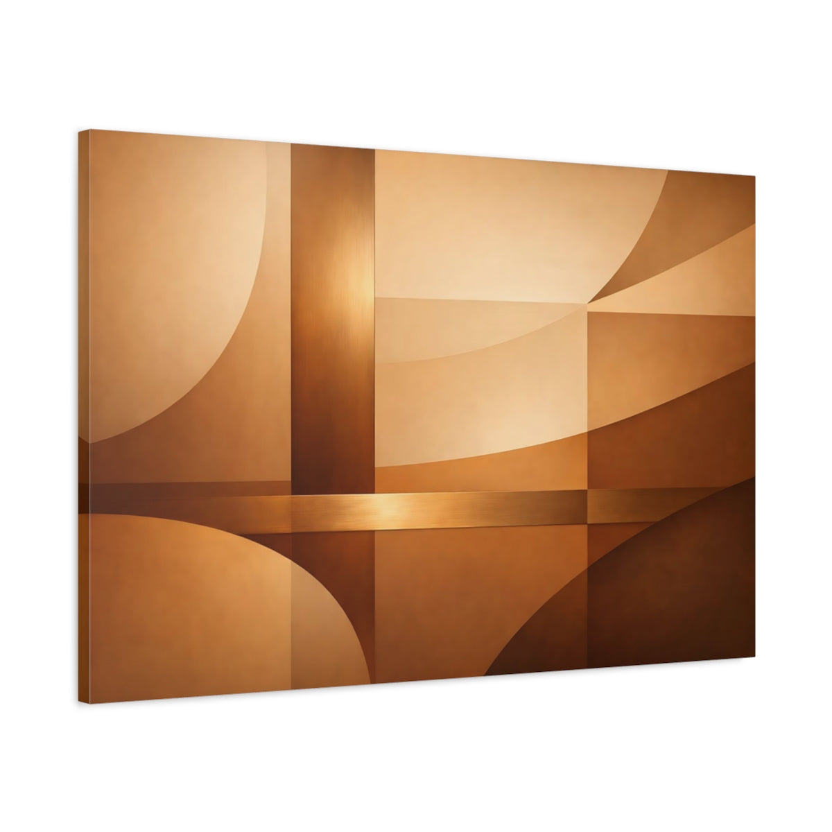 Side Mockup 1. Abstract Geometric Shapes Brown And Gold shown as stretched canvas wall art