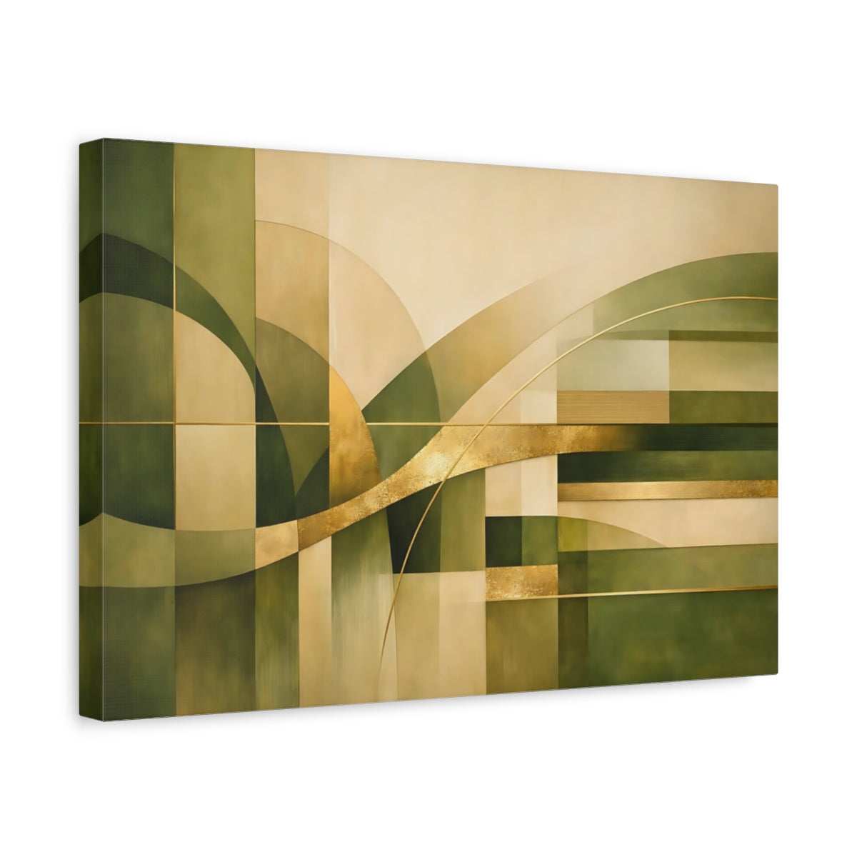 Side Mockup 4. Abstract Geometric Shapes Green Gold Abstract shown as stretched canvas wall art