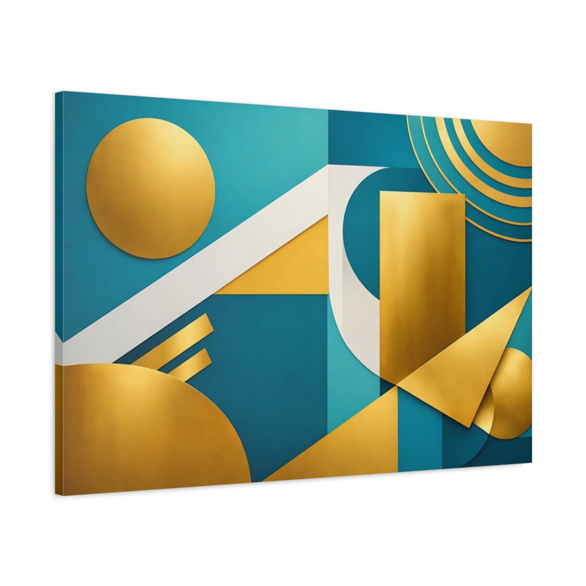 Side Mockup 1. Abstract Geometric Shapes Teal Gold Abstract shown as stretched canvas wall art