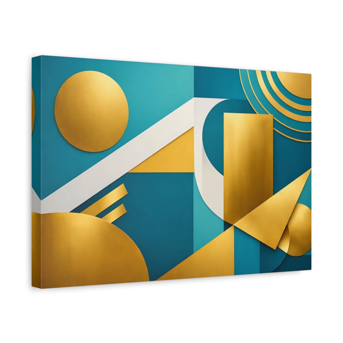Side Mockup 4. Abstract Geometric Shapes Teal Gold Abstract shown as stretched canvas wall art