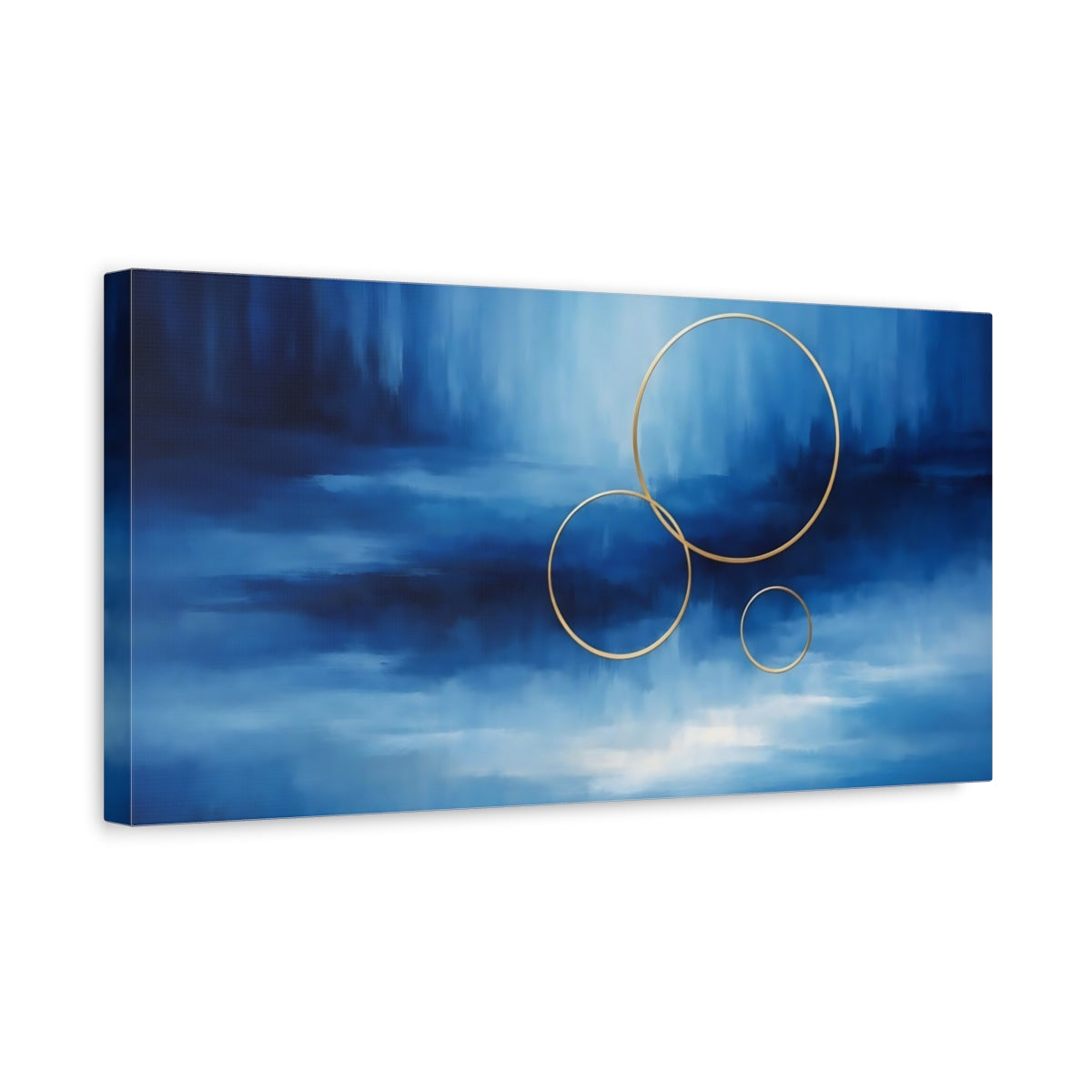 Side Mockup 3. Abstract Golden Rings Blue And Gold Rings shown as stretched canvas wall art
