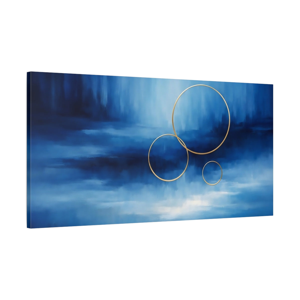Side Mockup 1. Abstract Golden Rings Blue And Gold Rings shown as stretched canvas wall art