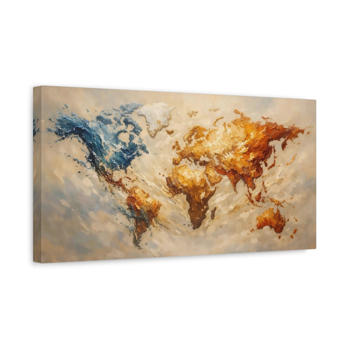 Side Mockup 3. Maps World Map Abstract World Map shown as stretched canvas wall art